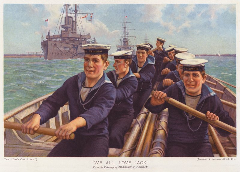 Marineros del HMS Triumph remando en un puerto (litografía en color) de Charles Murray (after) Padday