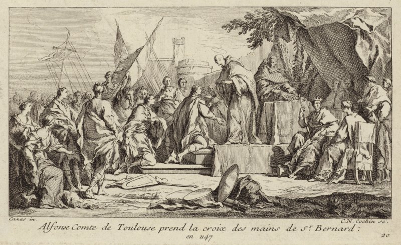 Alfonso I, conde de Toulouse, toma la cruz de la mano de Bernardo de Claraval, prometiendo unirse a la Segunda Cruzada de Charles Nicolas II Cochin