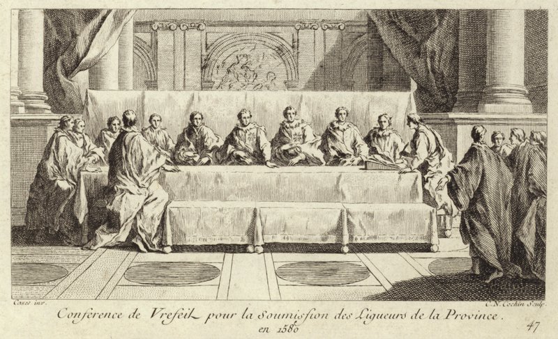 Conferencia para la sumisión de los miembros de la Liga Católica en Languedoc de Charles Nicolas II Cochin