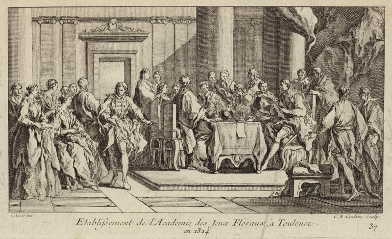 Establecimiento de la Academia de los Juegos Florales, la sociedad literaria más antigua del mundo occidental, Toulouse, Francia de Charles Nicolas II Cochin