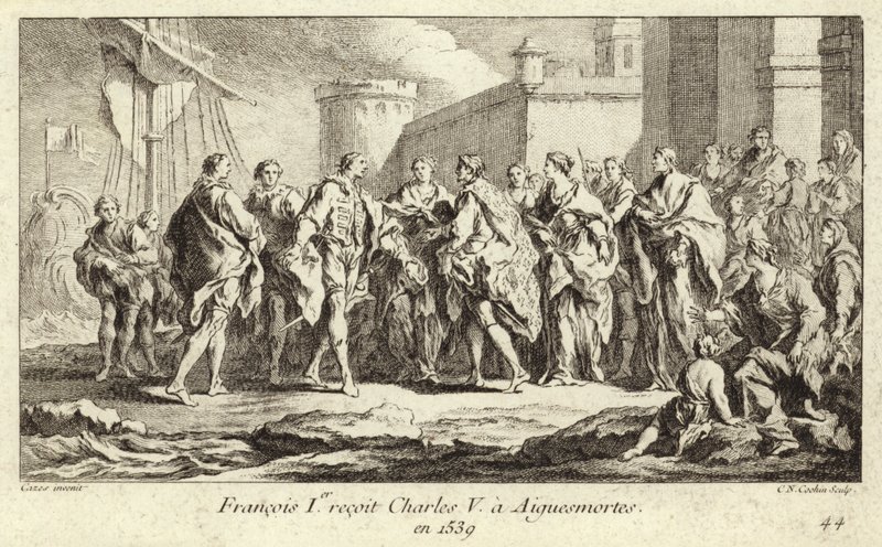 El Rey Francisco I de Francia recibiendo al Emperador Carlos V en Aigues-Mortes de Charles Nicolas II Cochin