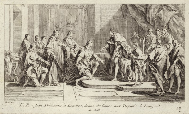 El Rey Juan II de Francia, prisionero de los ingleses en Londres, dando audiencia a una delegación de Languedoc de Charles Nicolas II Cochin