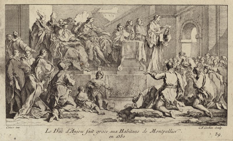 Luis I, duque de Anjou, regente del rey Carlos VI de Francia, agradeciendo al pueblo de Montpellier de Charles Nicolas II Cochin
