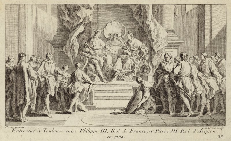 Encuentro en Toulouse entre el rey Felipe III de Francia y el rey Pedro III de Aragón de Charles Nicolas II Cochin