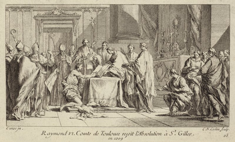 Raymond VI, conde de Toulouse, humillándose en la iglesia de San Gil para levantar su excomunión de Charles Nicolas II Cochin