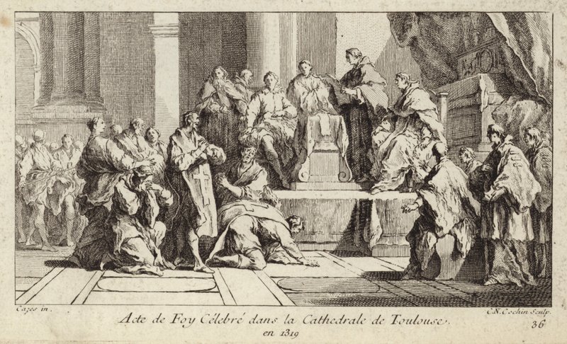 Cátaros arrepentidos declarando su fe en la religión católica en la Catedral de Toulouse, Francia de Charles Nicolas II Cochin