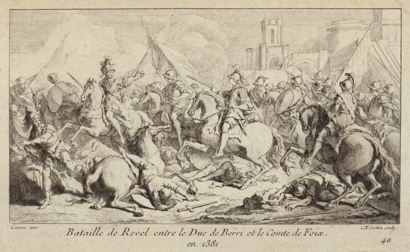 Los ejércitos del duque de Berry y el conde de Foix luchando en la batalla de Revel, Francia de Charles Nicolas II Cochin