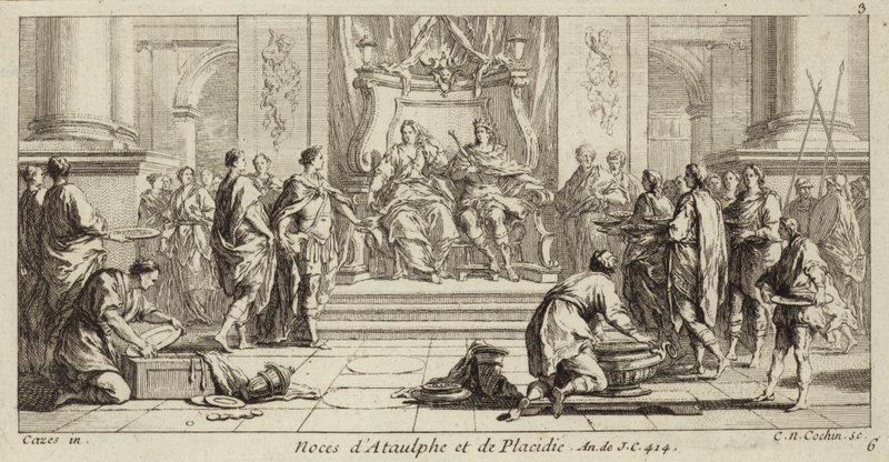 Boda de Gala Placidia y Ataúlfo, rey de los visigodos, Narbona, 414 (grabado) de Charles Nicolas II Cochin