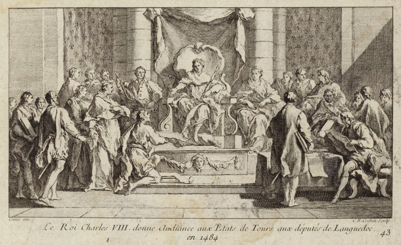 El rey Carlos VIII de Francia escuchando a los diputados de Languedoc en los Estados Generales en Tours de Charles Nicolas II Cochin