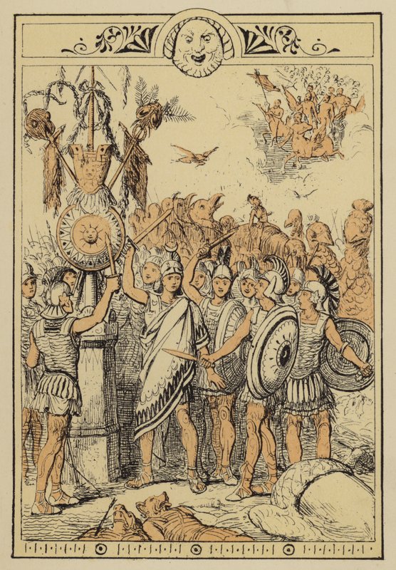 Cuentos de Lucian: La gente de la luna sorprendida por los centauros de las nubes (litografía en color) de Charles Oliver Murray
