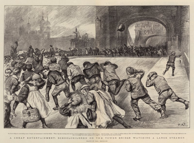 Un Entretenimiento Barato, Escolares en el Puente de la Torre viendo un Gran Vapor de Charles Paul Renouard