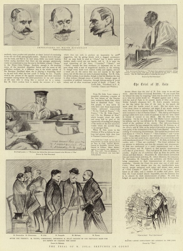 El juicio de M Zola, bocetos en la corte de Charles Paul Renouard