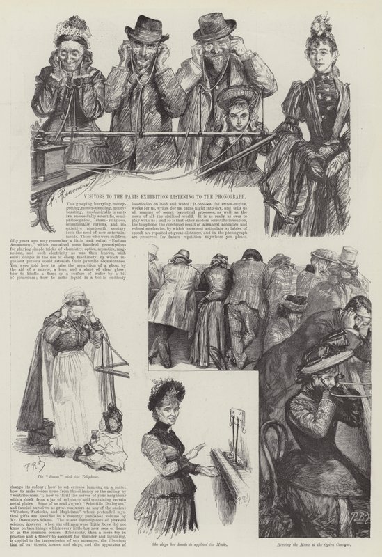 Visitantes de la Exposición de París escuchando el fonógrafo de Charles Paul Renouard