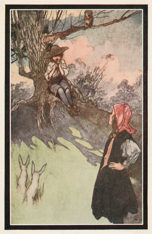 Un niño estaba sentado bajo un árbol, tocando una flauta de madera tosca de Charles Robinson