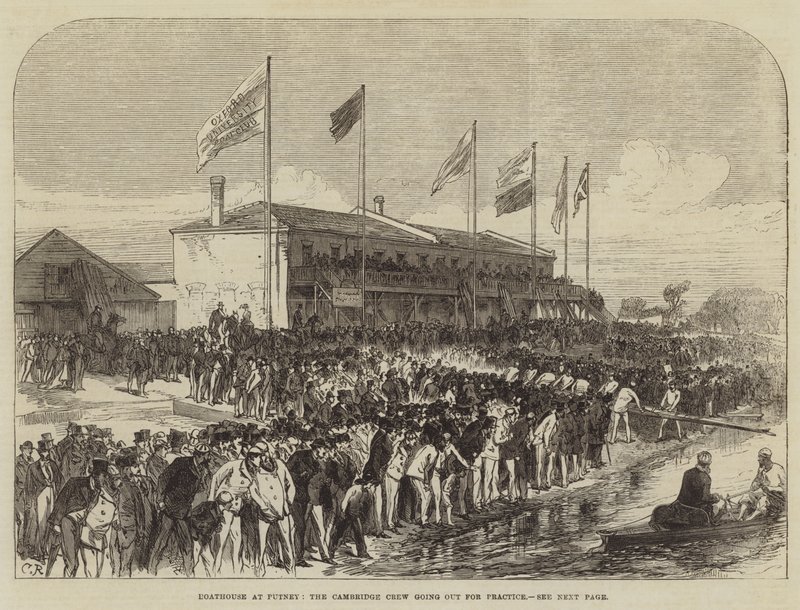 Casa de botes en Putney, la tripulación de Cambridge saliendo a practicar de Sir John Charles Robinson