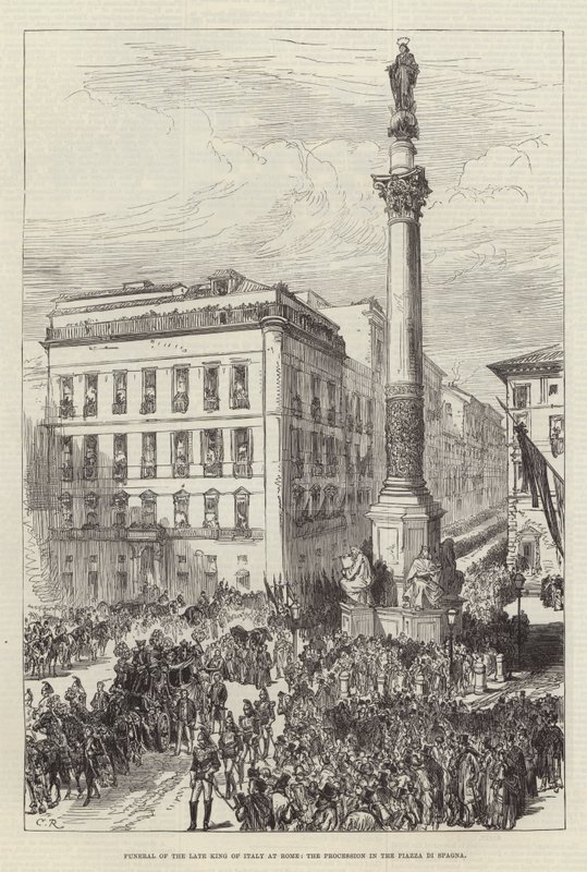 Funeral del difunto Rey de Italia en Roma, la procesión en la Piazza di Spagna de Sir John Charles Robinson