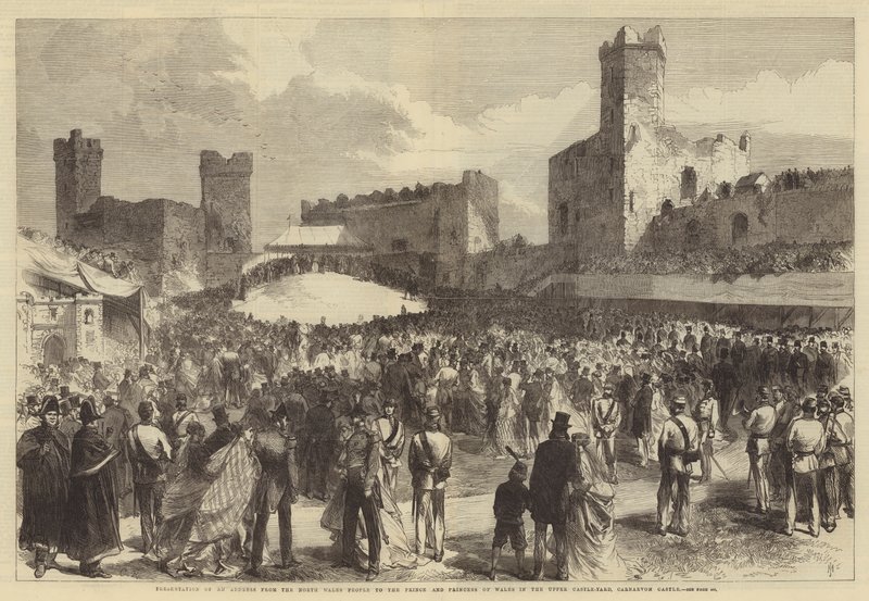Presentación de una dirección del pueblo de Gales del Norte al Príncipe y la Princesa de Gales en el patio superior del castillo de Carnarvon de Sir John Charles Robinson