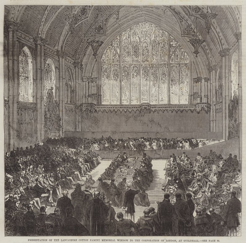 Presentación de la ventana conmemorativa de la hambruna del algodón de Lancashire a la Corporación de Londres, en Guildhall de Sir John Charles Robinson