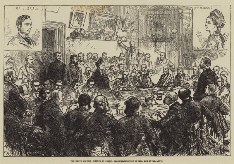 La investigación Bravo, boceto en la corte, contrainterrogatorio de la Sra. Cox por el Sr. Lewis de Sir John Charles Robinson
