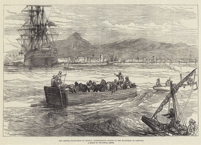 La ocupación británica de Chipre, desembarcando caballos en la rada de Larnaca de Sir John Charles Robinson