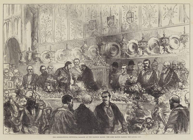 El banquete municipal internacional en la Mansion House, el alcalde pasando la copa de amor de Sir John Charles Robinson