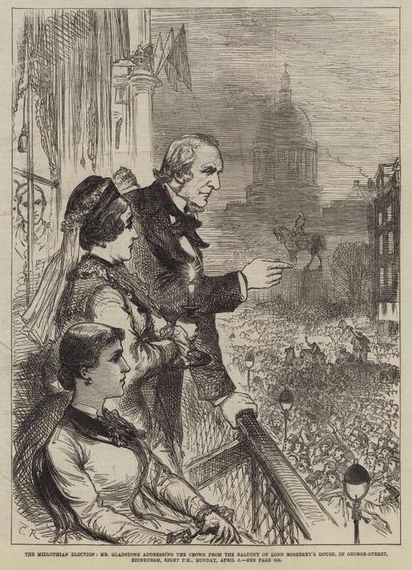 La elección de Midlothian, el Sr. Gladstone dirigiéndose a la multitud desde el balcón de la casa de Lord Rosebery, en George-Street, Edimburgo, ocho de la noche, lunes, 5 de abril de Sir John Charles Robinson