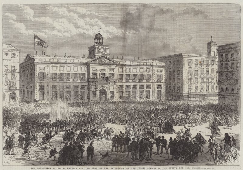La revolución en España, izando la bandera de la revolución en las oficinas públicas en la Puerta del Sol, Madrid de Sir John Charles Robinson