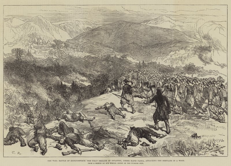 La Guerra, Batalla de Kniejesevacz, la Primera Brigada de Infantería, bajo el mando de Hafiz Pasha, atacando a los serbios en un bosque de Sir John Charles Robinson