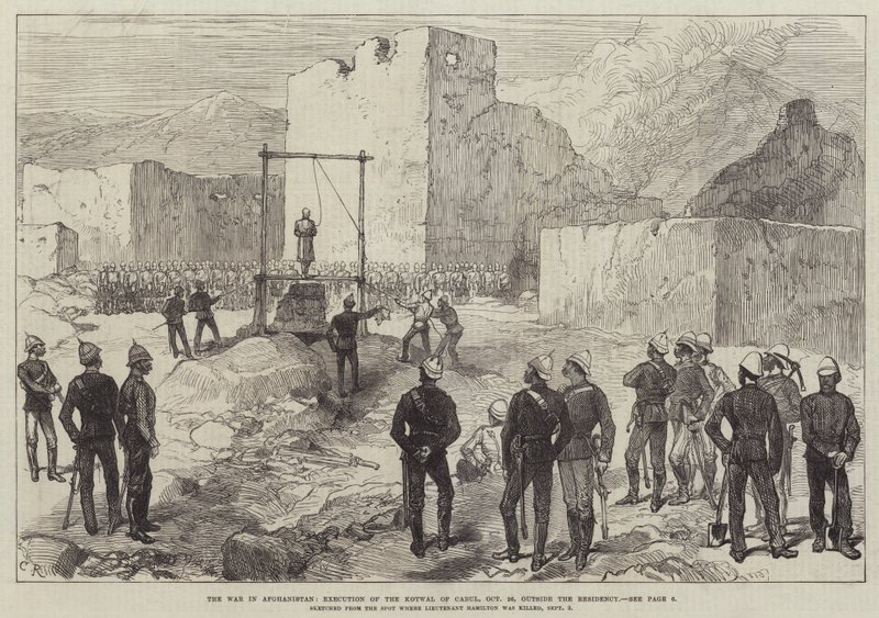 La guerra en Afganistán, ejecución del Kotwal de Cabul, 26 de octubre, fuera de la Residencia de Sir John Charles Robinson