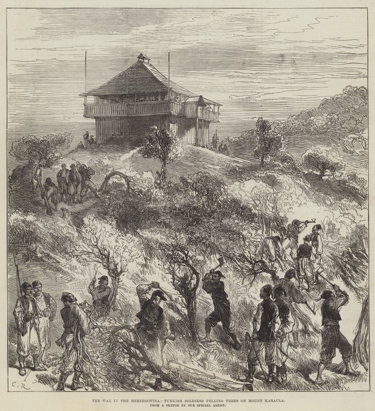 La guerra en Herzegovina, soldados turcos talando árboles en el monte Karaula de Sir John Charles Robinson