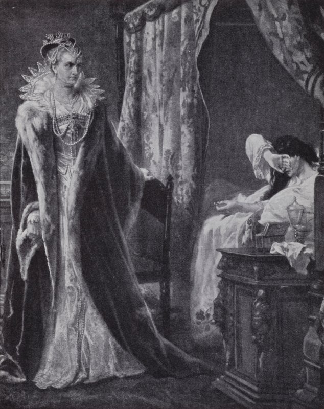 La condesa de Nottingham devolviendo el anillo del conde de Essex a la reina Isabel I, pero demasiado tarde para salvarlo de la ejecución (litografía) de Charles Soubre