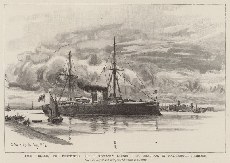 HMS Blake, el Crucero Protegido recientemente lanzado en Chatham, en el Puerto de Portsmouth de Charles William Wyllie