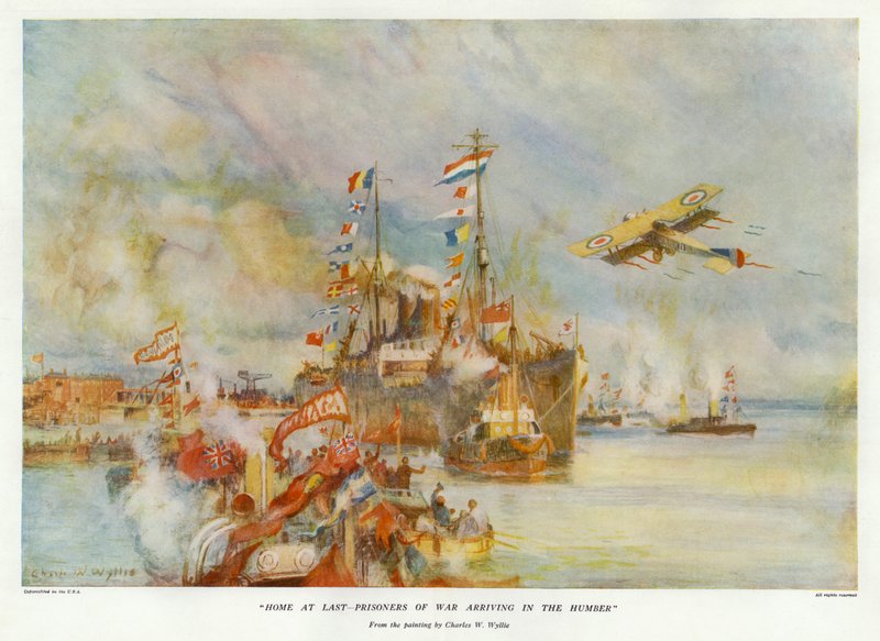 Por fin en casa - Prisioneros de guerra llegando al Humber de Charles William Wyllie
