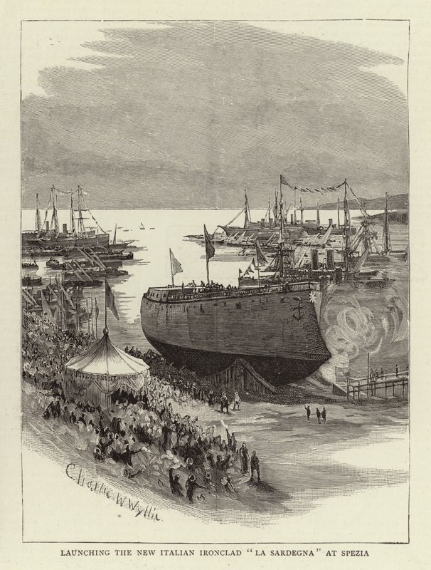 Lanzamiento del nuevo acorazado italiano La Sardegna en Spezia de Charles William Wyllie