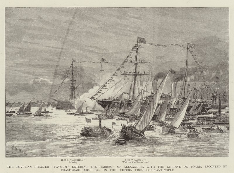 El Vapor Egipcio Fayoum entrando en el Puerto de Alejandría con el Jedive a Bordo, escoltado por Cruceros de la Guardia Costera, en el Regreso de Constantinopla de Charles William Wyllie