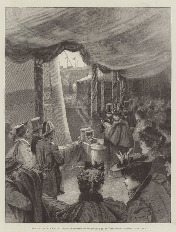 El Flotamiento del HMS Majestic, en Portsmouth, el 31 de enero, la Princesa Louise bautizando el barco de Charles William Wyllie
