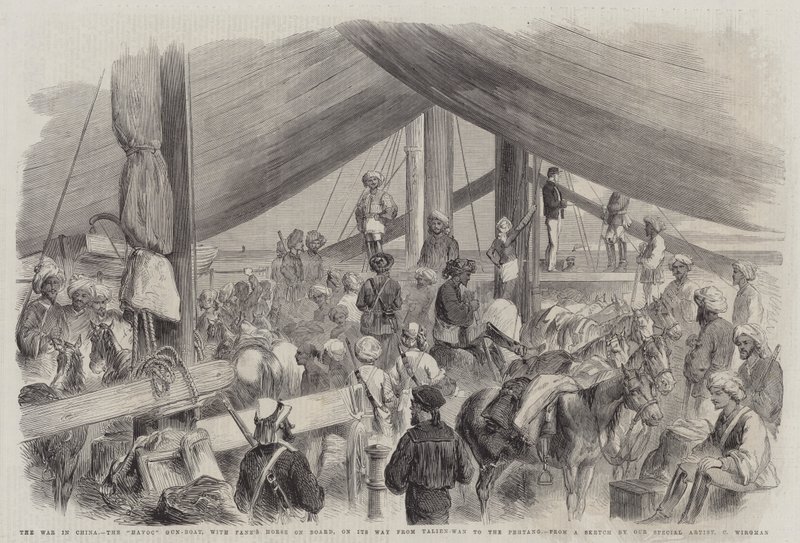 La guerra en China, el cañonero Havoc, con el caballo de Fane a bordo, en su camino de Talien-Wan a Pehtang de Charles Wirgman
