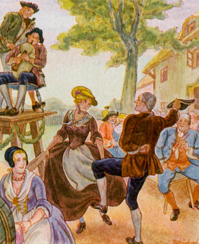 Tanz Unter Der Dorflinde / Danza bajo el tilo del pueblo (litografía en color) de Christophe (1856 1945)