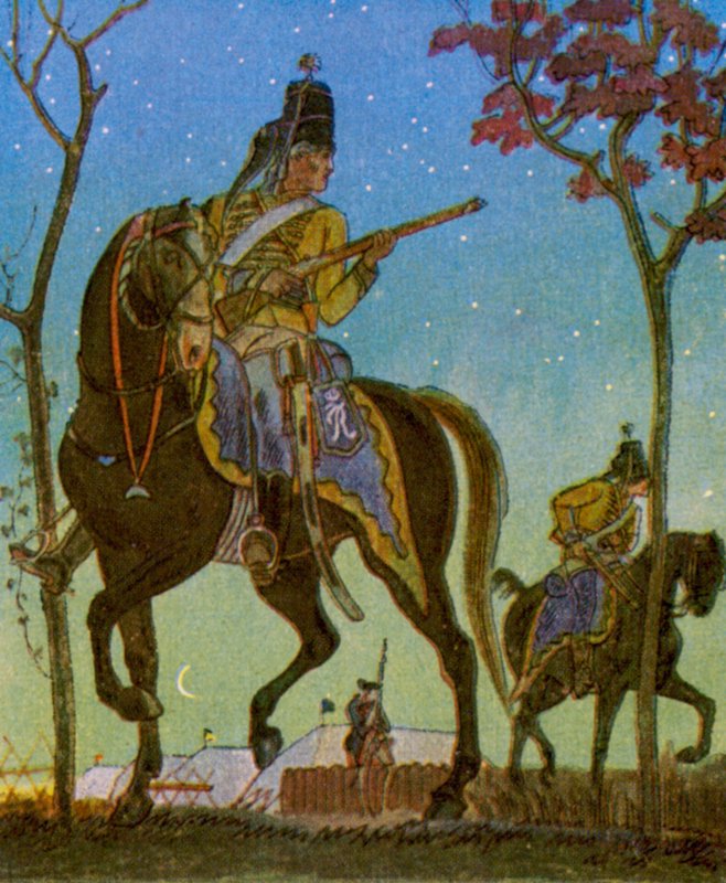 Husarenvorposten / Hussar Outpost (litografía en color) de Christophe (1856-1945)