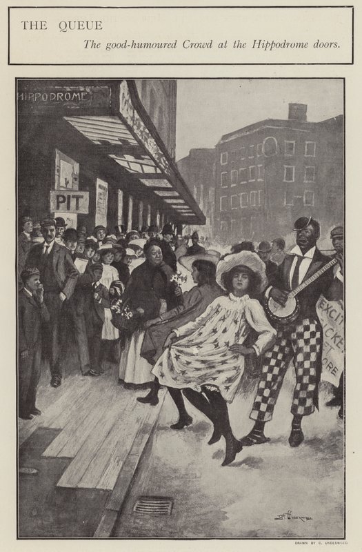 Una cola de buen humor fuera de las puertas del London Hippodrome de Clarence F. Underwood