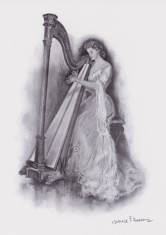 Mujer tocando un arpa de Clarence F. Underwood