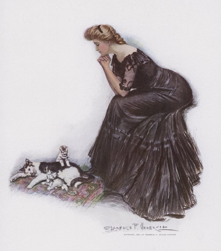 Mujer observando a un gato y sus gatitos de Clarence F. Underwood