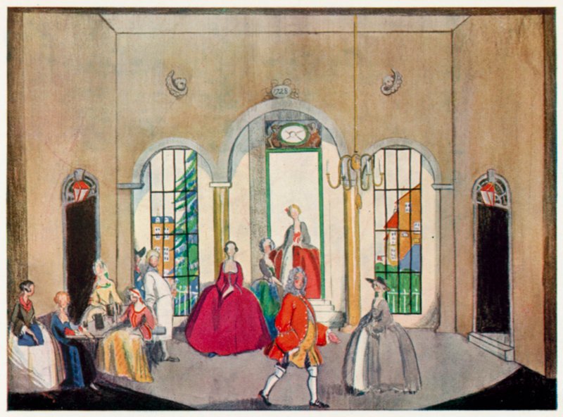 La ópera del mendigo, Escena, Una taberna cerca de Newgate (litografía a color) de Claud Lovat Fraser