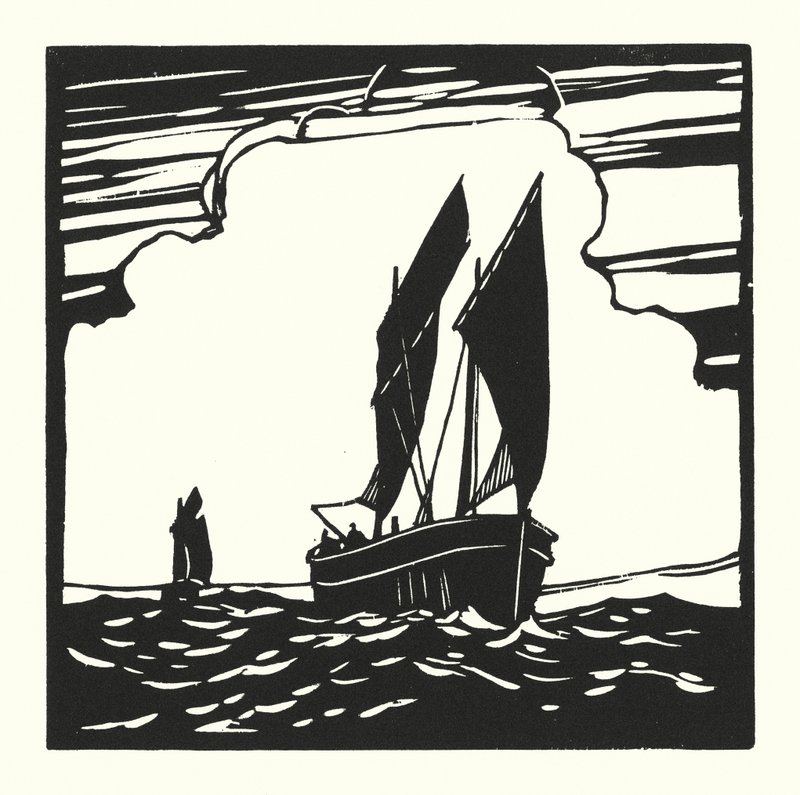 Barcos de pesca y barcazas: Mounts Bay Drifter (xilografía) de Cyril A. Wilkinson