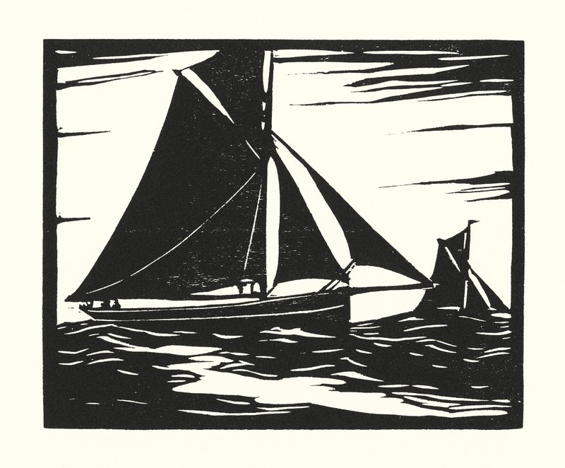 Barcos de pesca y barcazas: Plymouth Long Boomer (xilografía) de Cyril A. Wilkinson