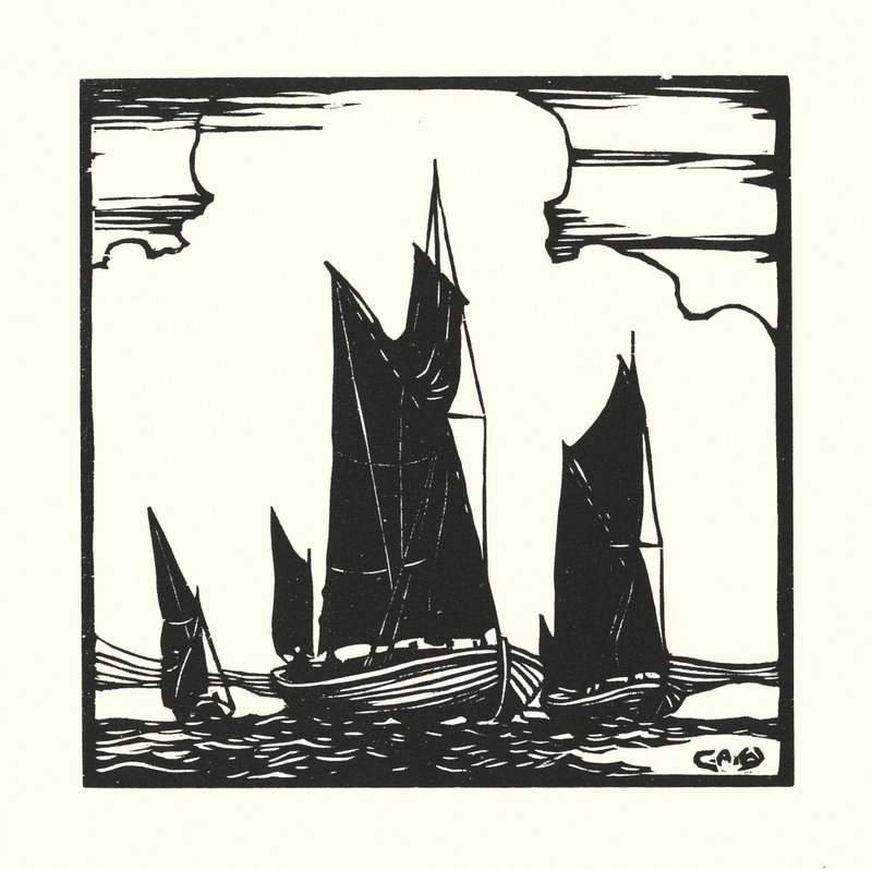 Barcos y gabarras de pesca: Barcos de pesca del Támesis (xilografía) de Cyril A. Wilkinson