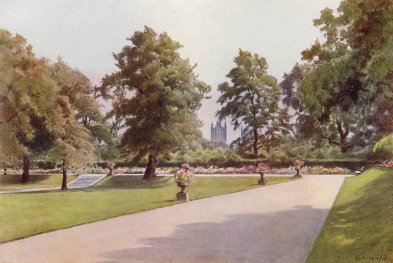 Mirando hacia Westminster, Marlborough House Garden (litografia en color) de Cyril Ward