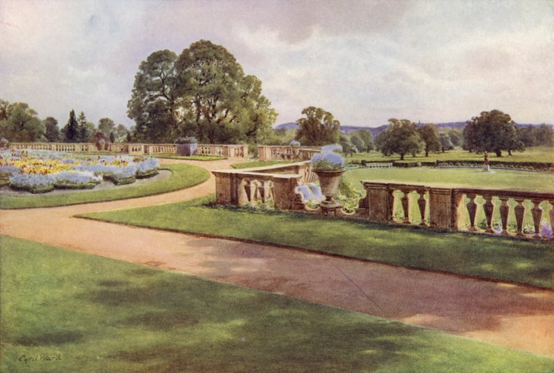 La vista desde la terraza, Bagshot Park (litografia en color) de Cyril Ward