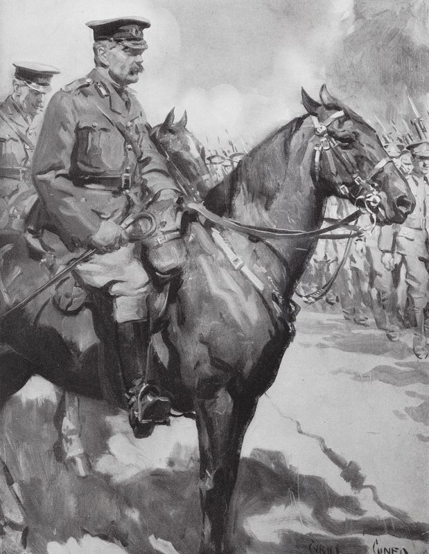 Lord Kitchener inspeccionando parte del "Ejército de Kitchener" (litografía) de Cyrus (after) Cuneo