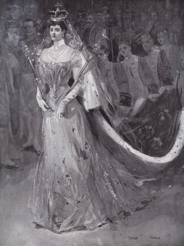 La reina Alexandra saliendo de la Abadía de Westminster, Londres, después de la coronación de ella y del rey Eduardo VII de Cyrus (after) Cuneo